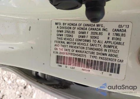 2013 Honda Civic Ex из США, поврежденный, VIN 2HGFB2F87DH542275